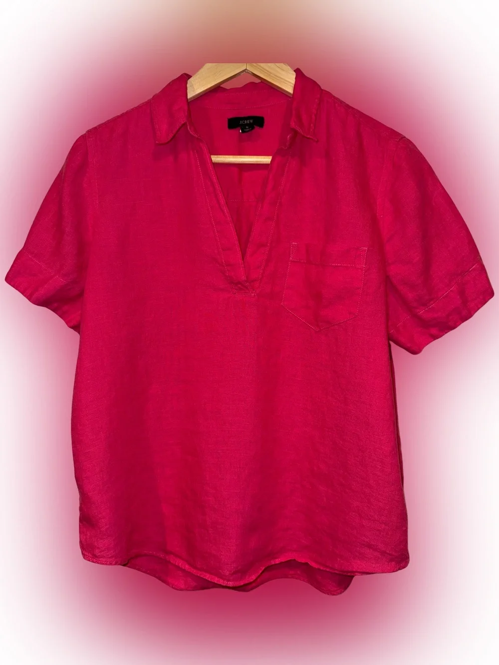 J. Crew 100% Linen Popover Top Short Sleeve S Coastal Hot Pink Preppy Collared